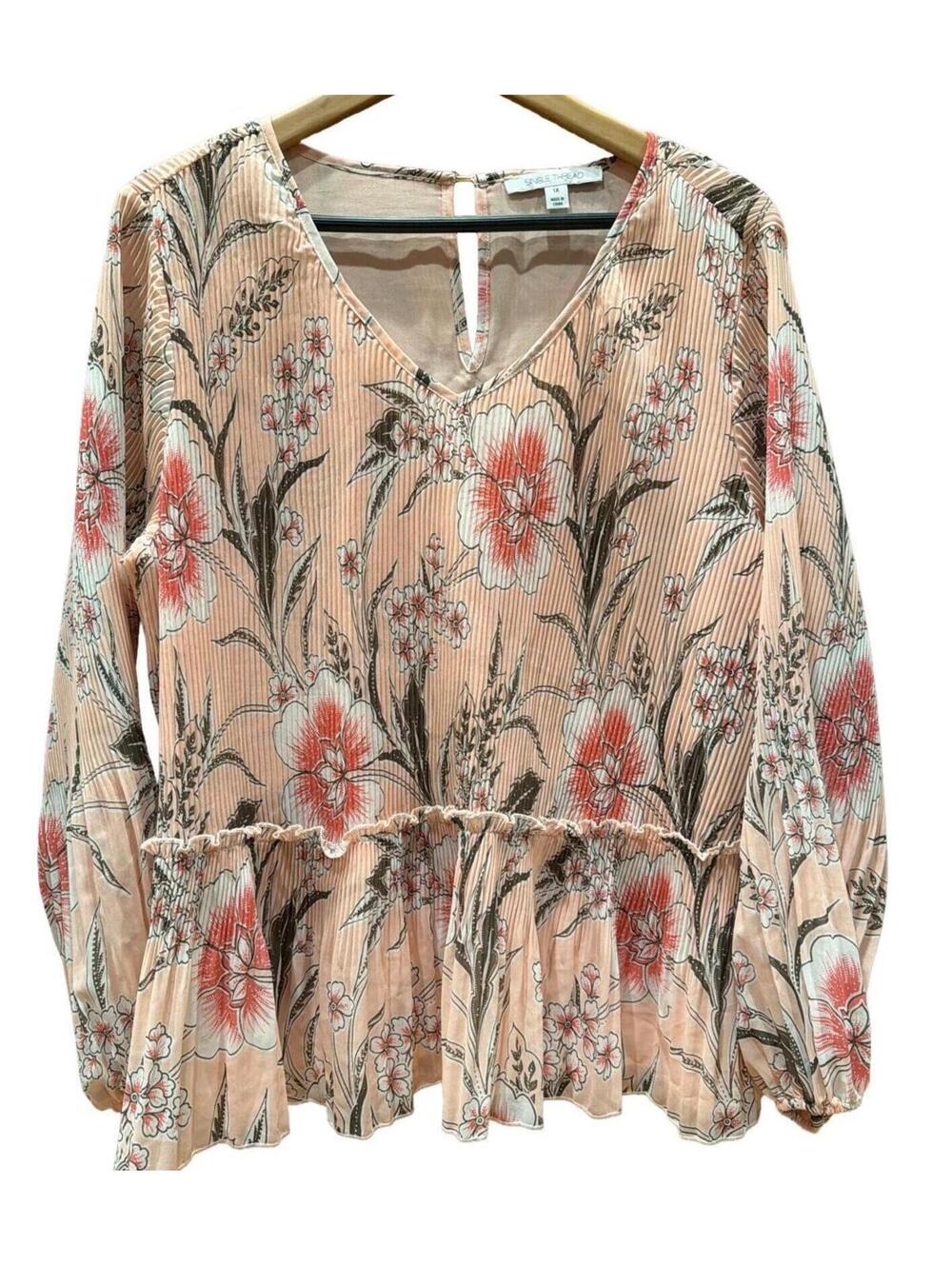 Single Thread Vneck blouse floral long sheer sleeve 1X accordion lined office